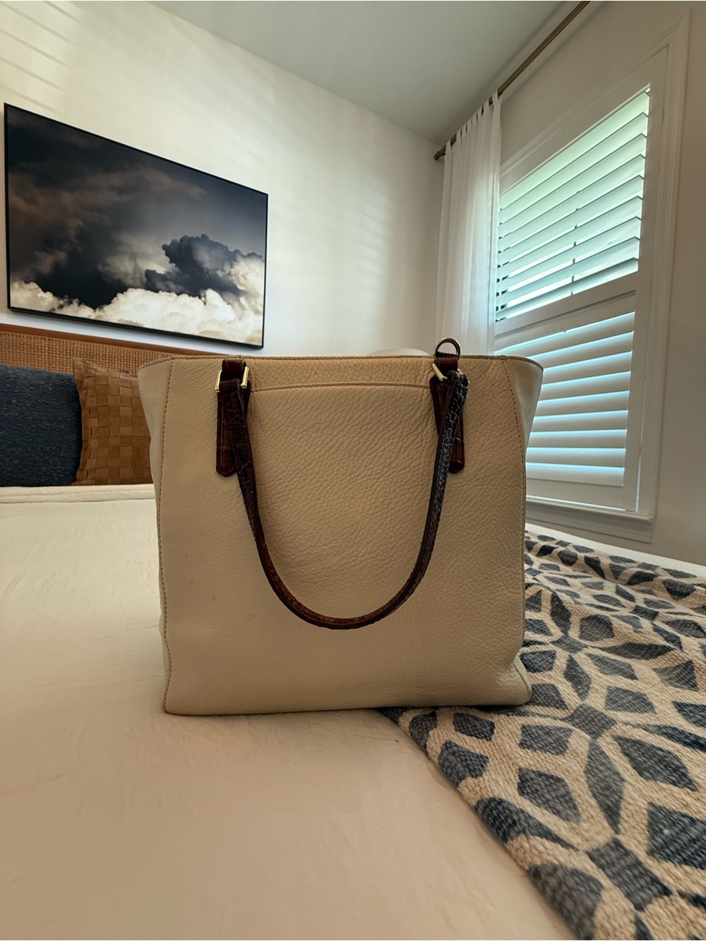 Brahmin Cream Pebbled Leather Tote with Dark Brown Straps - Picture 3 of 7